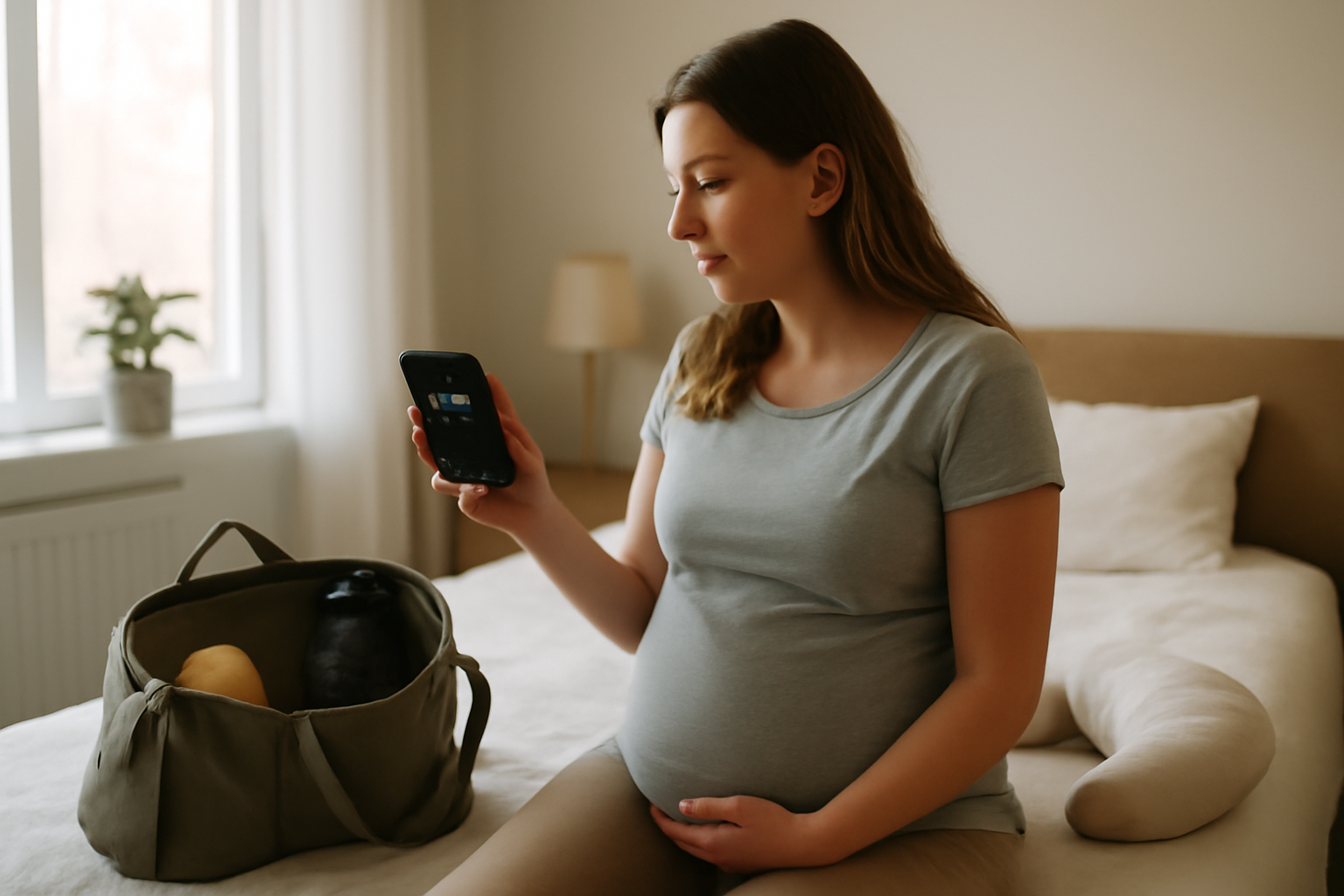 accouchement et contraction : future maman chronomètre des contractions dans une chambre lumineuse