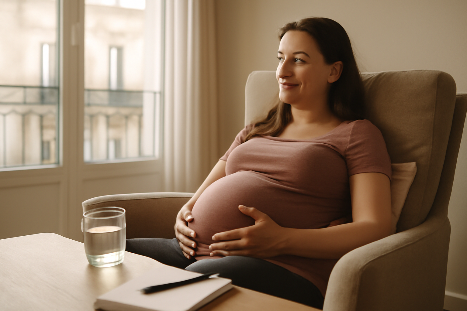 aigreur d'estomac enceinte : femme enceinte assise au calme avec eau tiède et coussin d’élévation, lumière naturelle