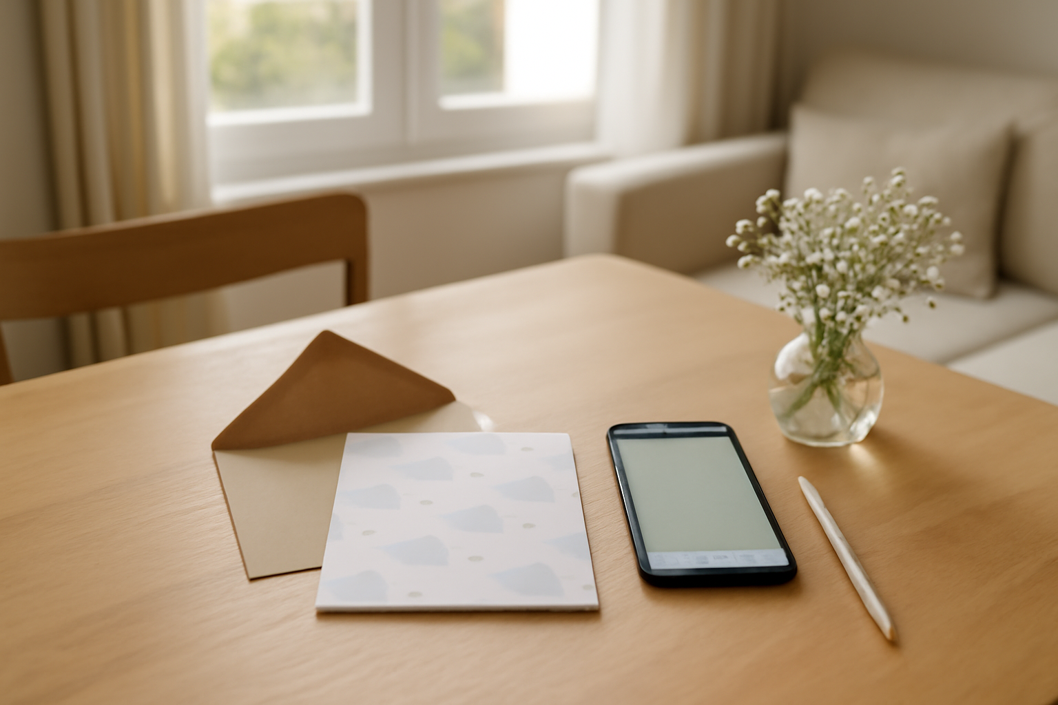 annonce baby shower originale sur table en bois avec enveloppe et cartes