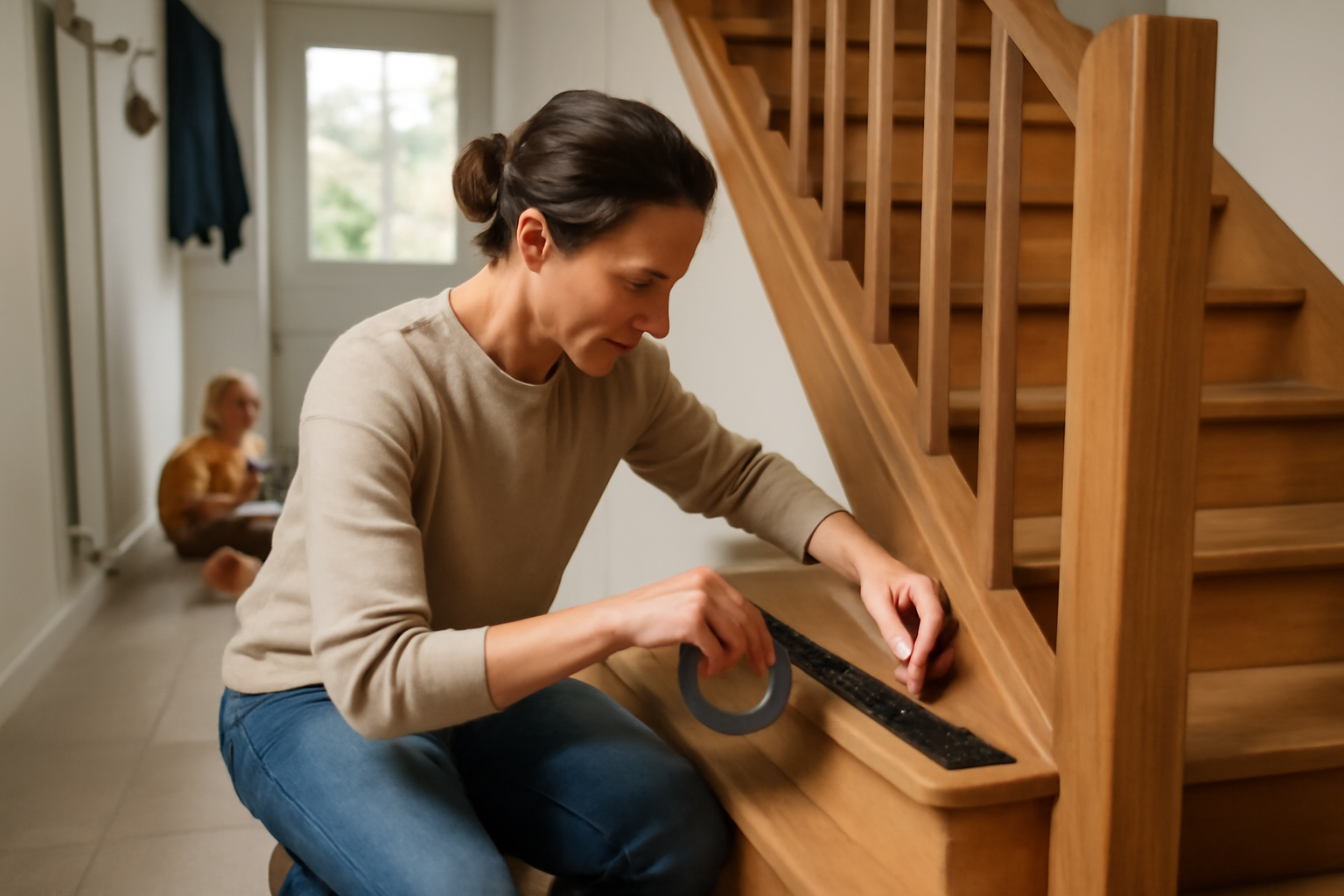 antidérapant pour escalier : bandes anti-dérapantes sur marches en bois, lumière naturelle