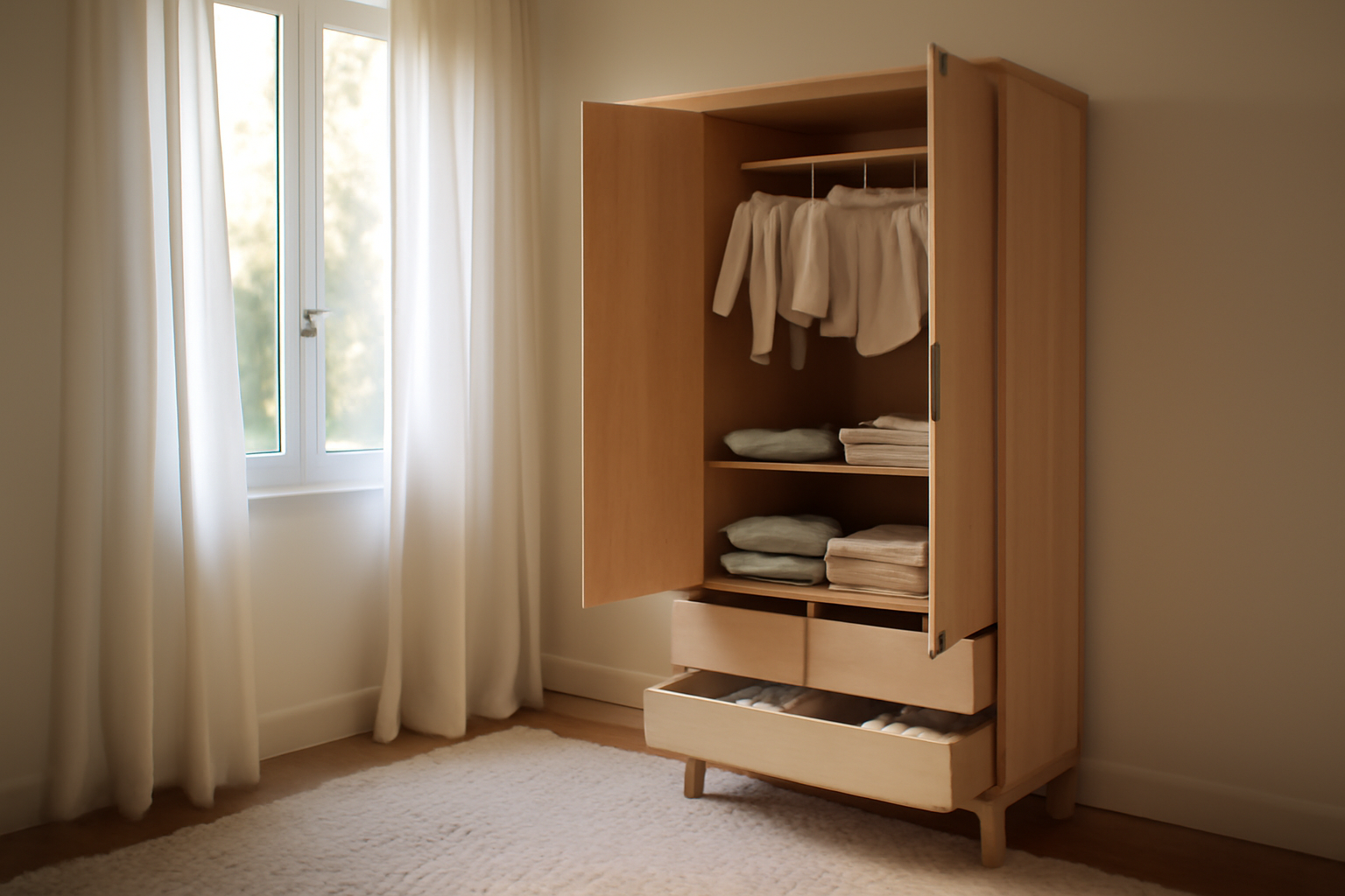 armoire pour bebe en bois clair dans une chambre d'enfant