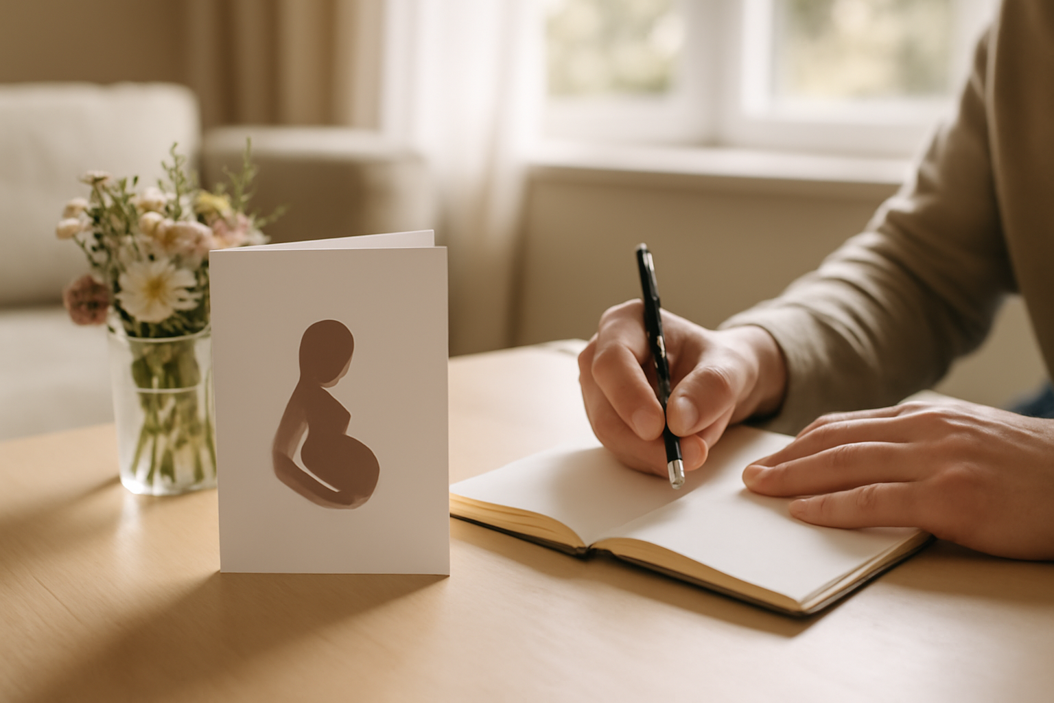 carte pour annoncer une grossesse posée sur une table près d'un bouquet et d'un carnet de notes