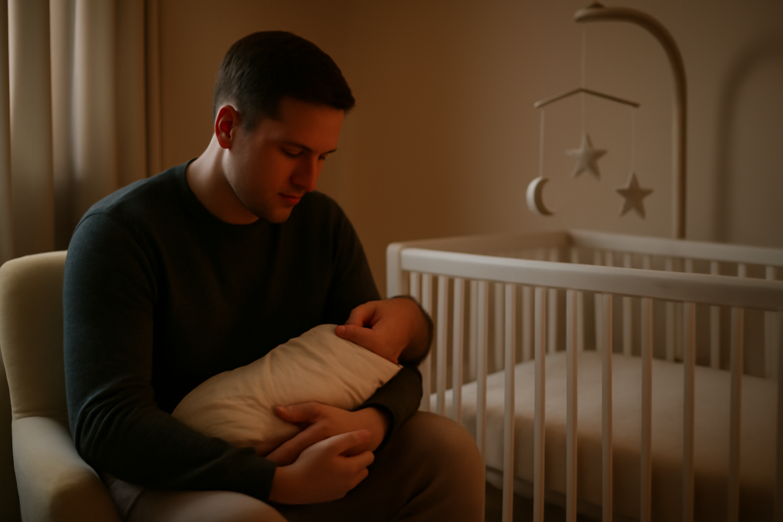 comment endormir un bébé : parent qui berce doucement un nourrisson dans une chambre calme