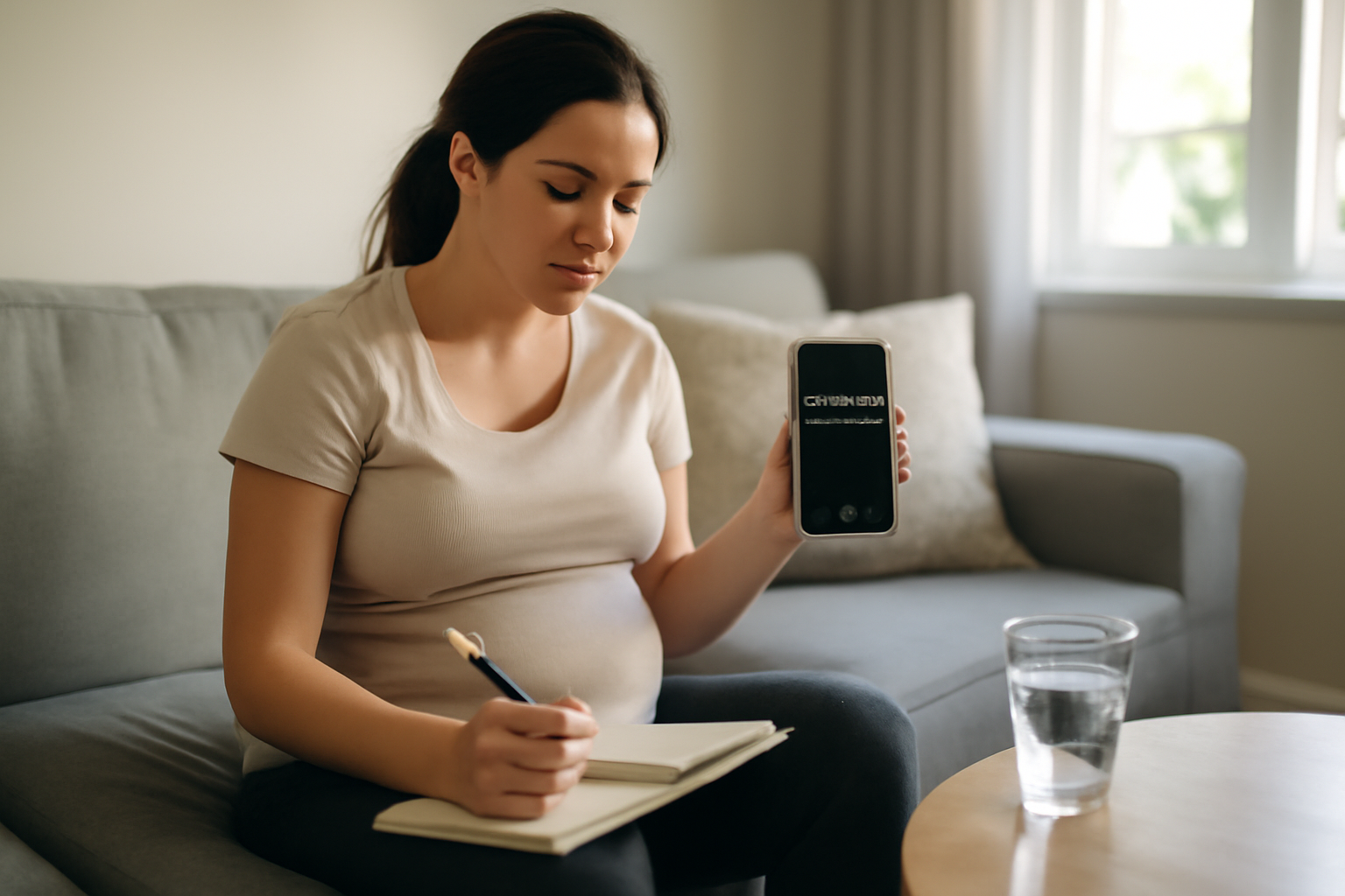 contraction grossesse : femme enceinte observant un chronomètre et une note de symptômes