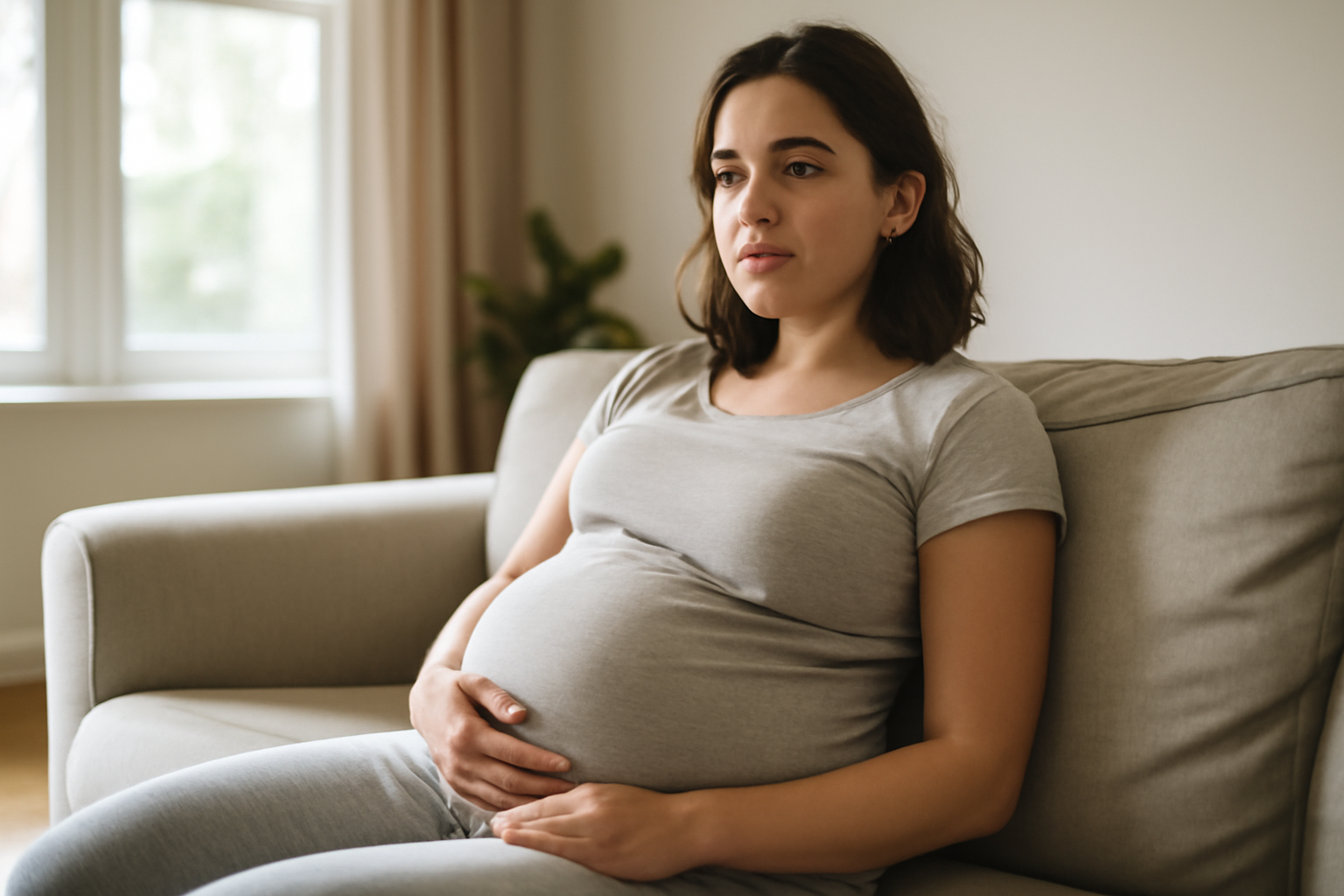 contraction uterine : ventre qui se contracte pendant la grossesse, main sur le bas-ventre, lumière naturelle