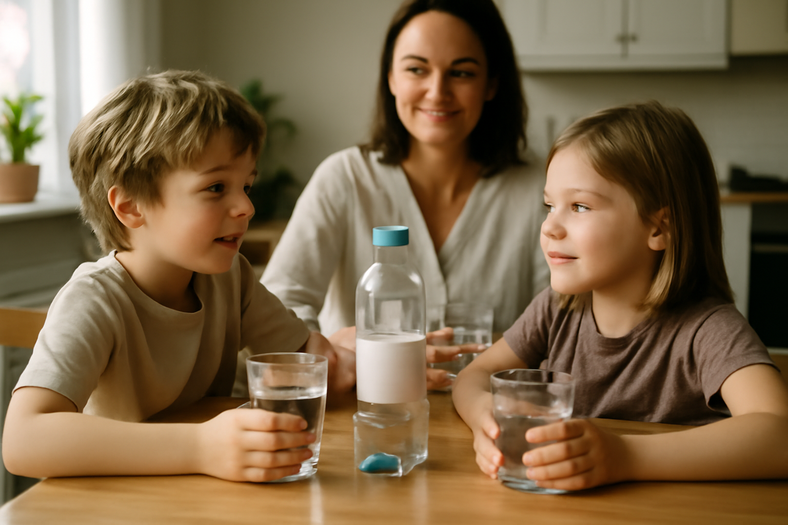 bouteille d’eau faiblement minéralisée sur table familiale, verres et enfants