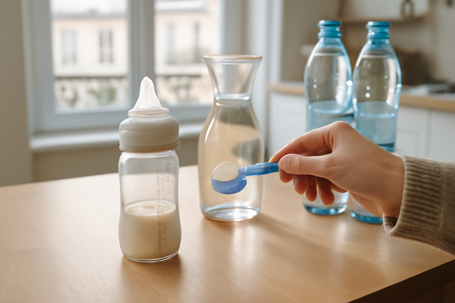 eau pour bébé : bouteille et carafe près du biberon sur une table de cuisine