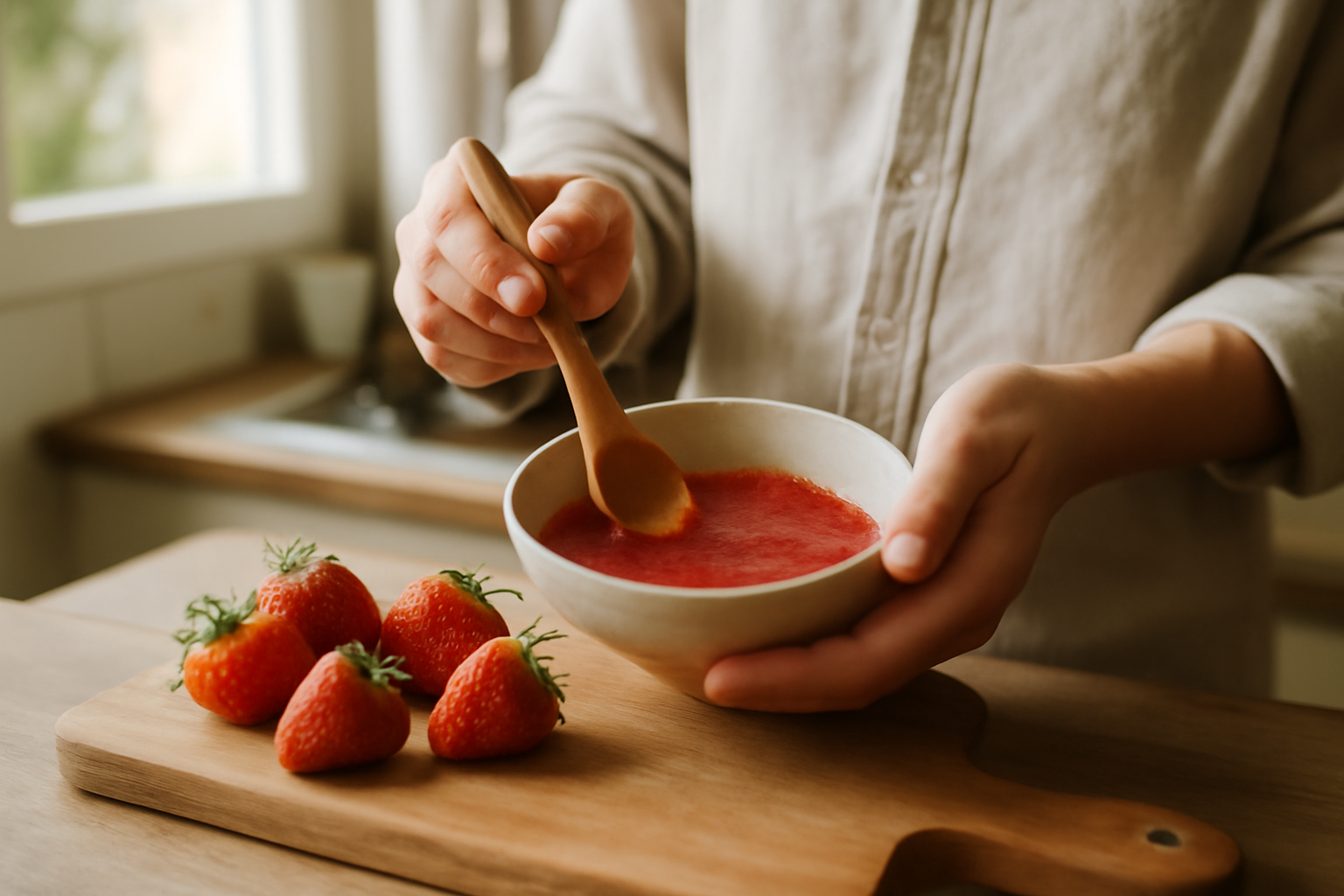 fraise bebe en purée lisse sur une table de cuisine
