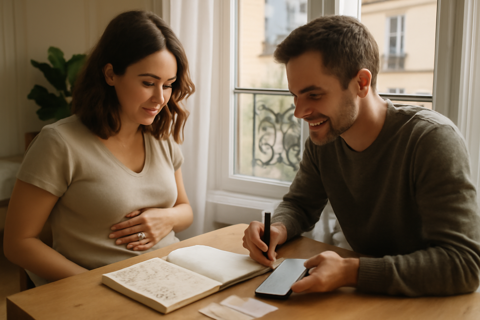 idée prénom pour bébé : parents testant des prénoms à la maison