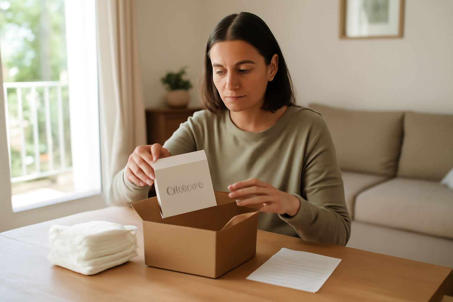 kit d'essai couches gratuit reçu à la maison, couches et notice sur table en bois