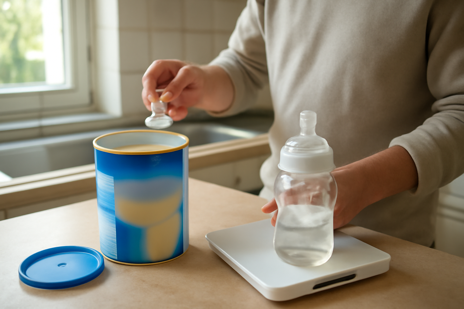 biberon de lait 2eme age préparé dans une cuisine familiale, lumière naturelle