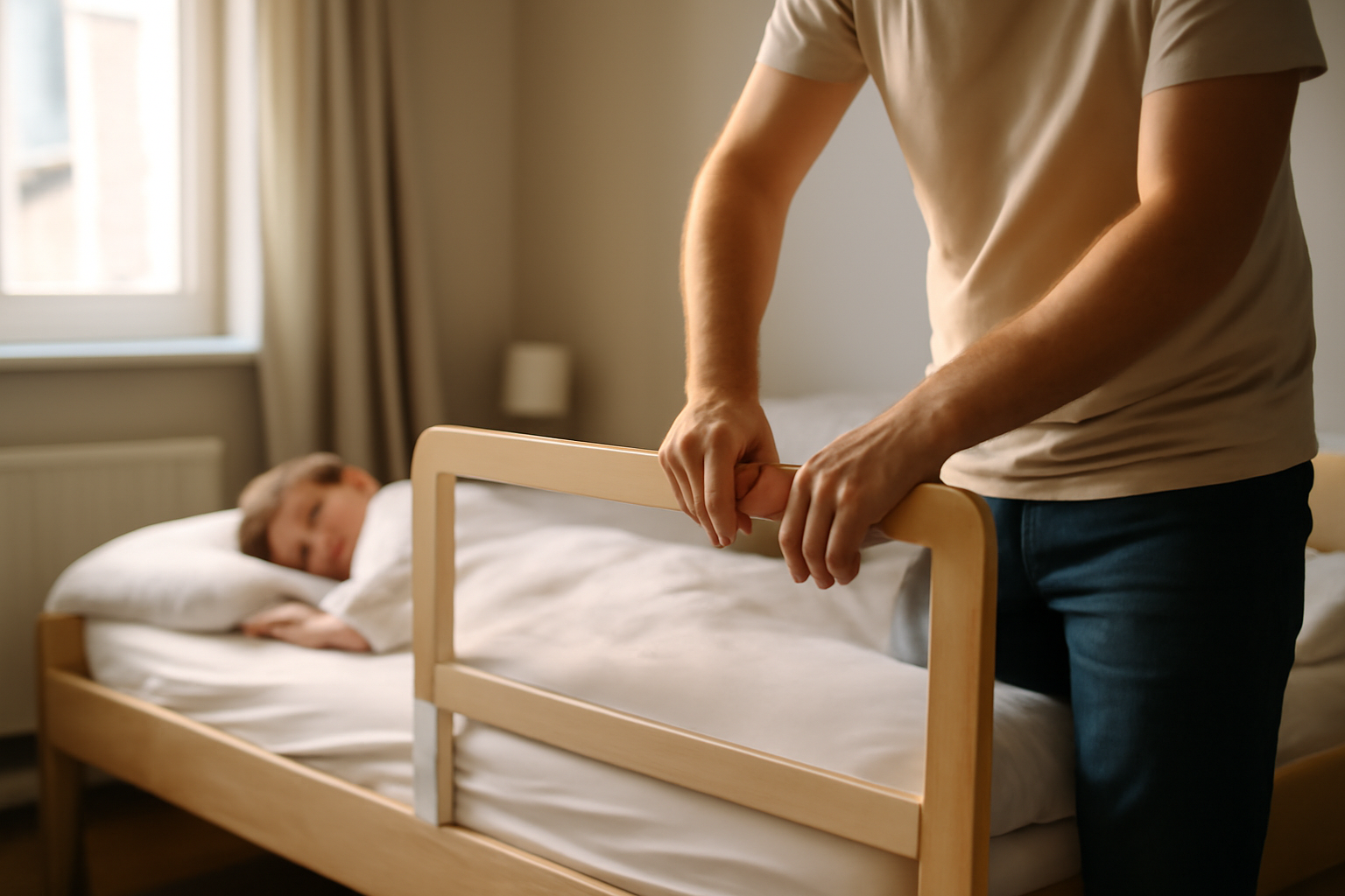 lit avec barrière dans une chambre d’enfant, barrière de protection montée sur un lit une personne