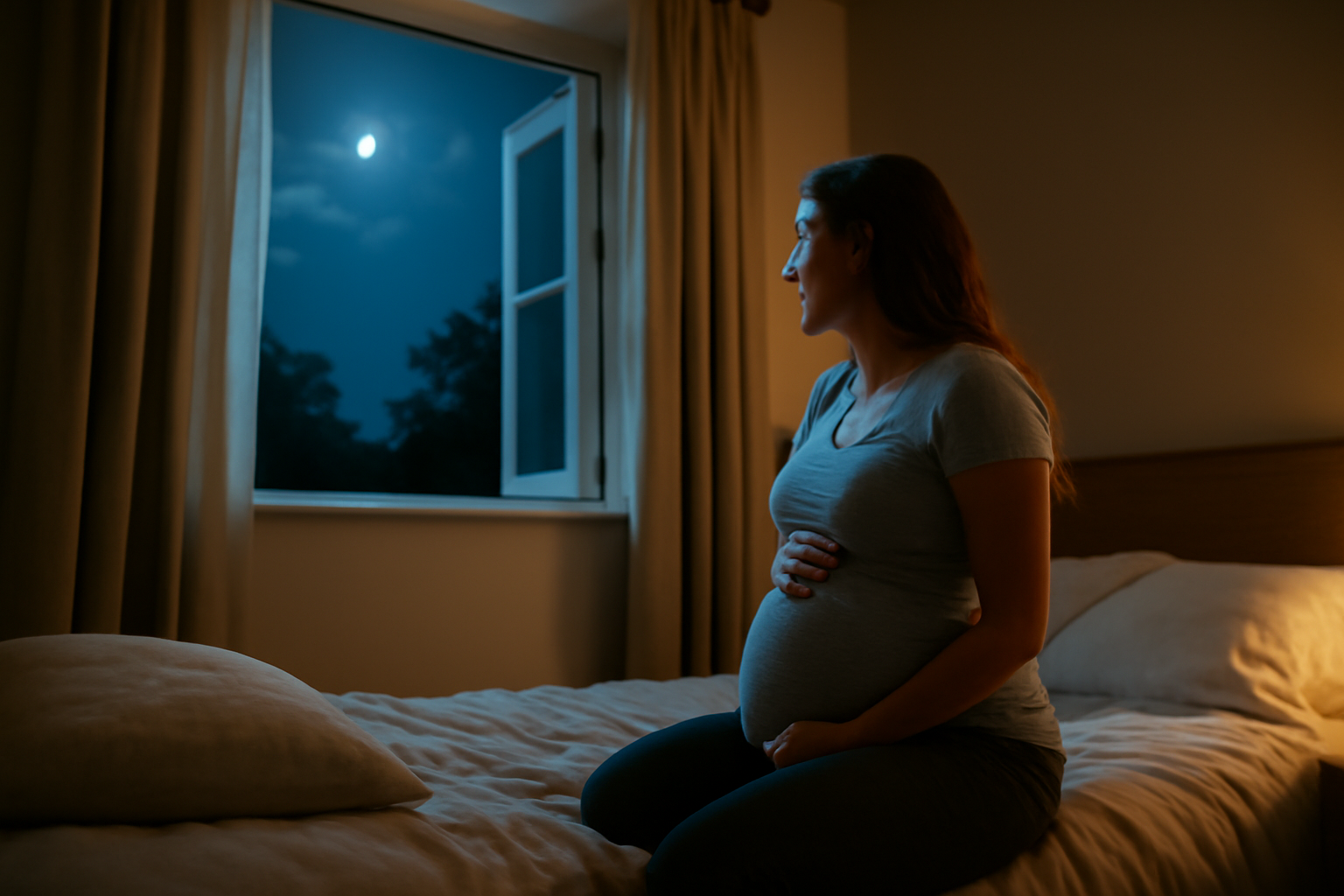 Lune et accouchement : silhouette d’une femme enceinte près d’une fenêtre au clair de lune, nuit réaliste