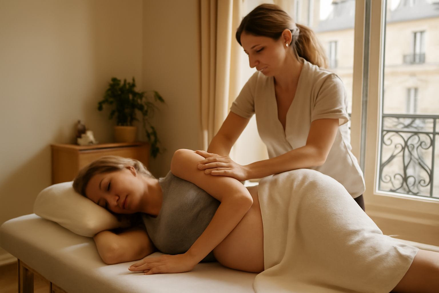 massage pour femmes enceintes : séance de massage prénatal dans une salle lumineuse