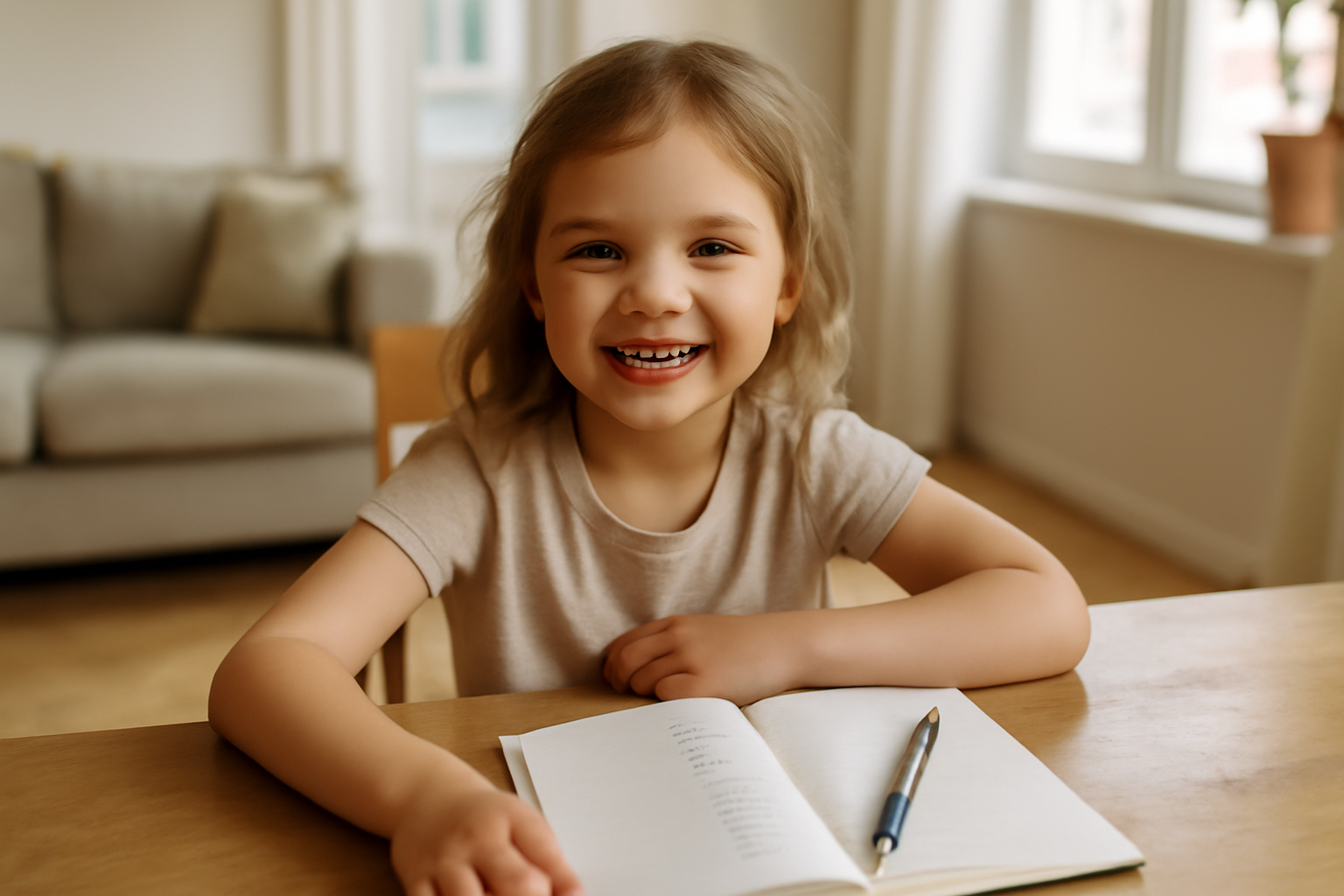 Mila prénom : une petite fille souriante avec un carnet de prénoms à la maison