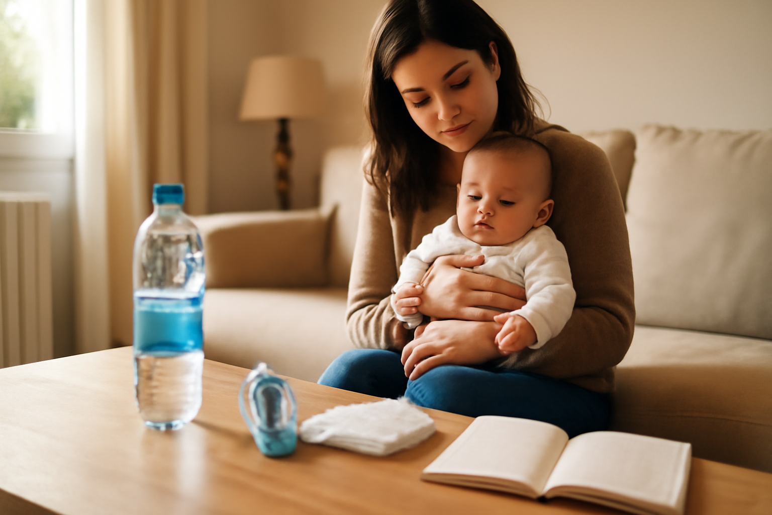 Nourrisson hepar : eau minérale riche en magnésium et bébé constipé dans un salon