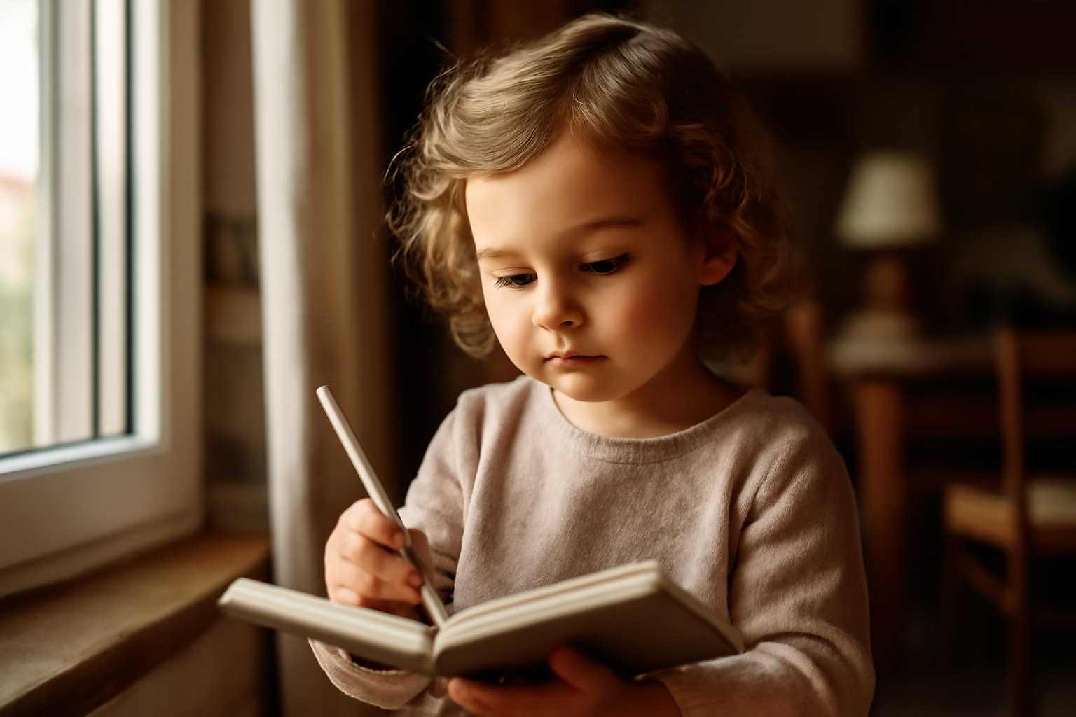 Jeanne, prénom féminin : une petite fille tenant un carnet près d’une fenêtre, lumière douce