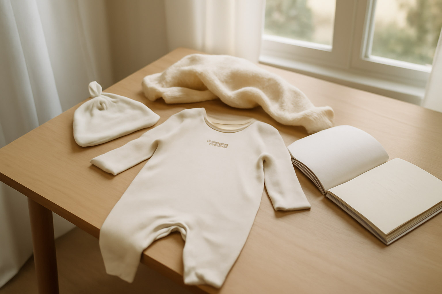 pyjama bébé personnalisé en coton sur table de préparation à la naissance