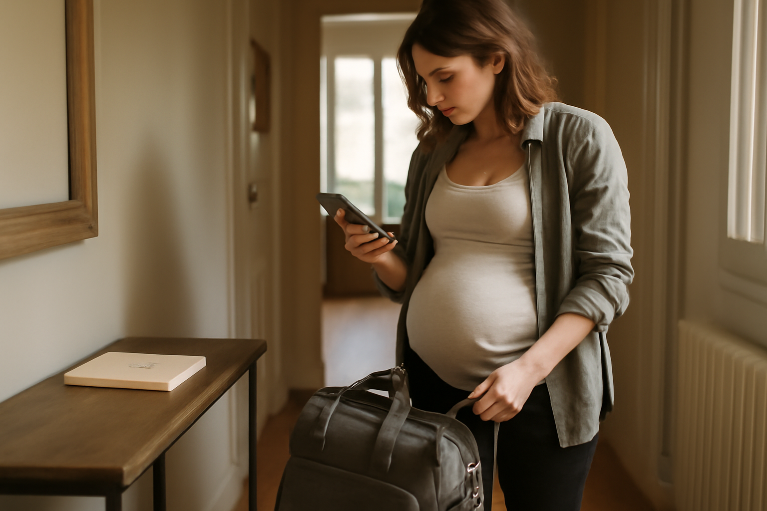 quand aller à la maternité : femme enceinte avec téléphone et sac de maternité dans un couloir
