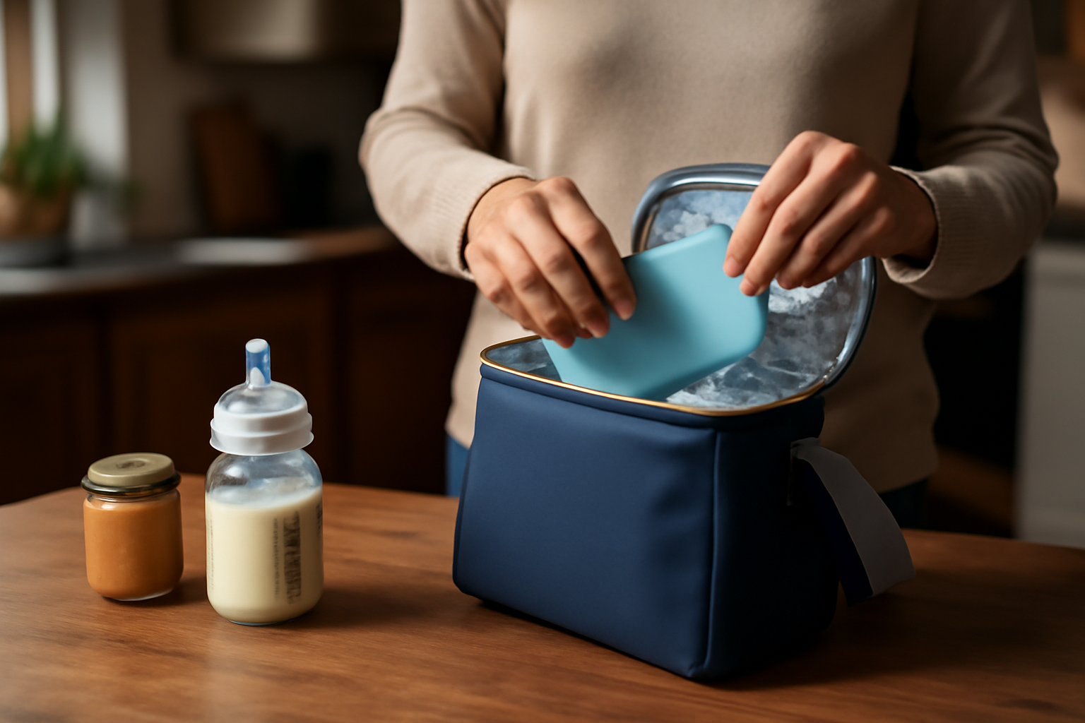 sac bebe isotherme posé sur une table près d’un biberon et d’un accumulateur de froid, lumière naturelle