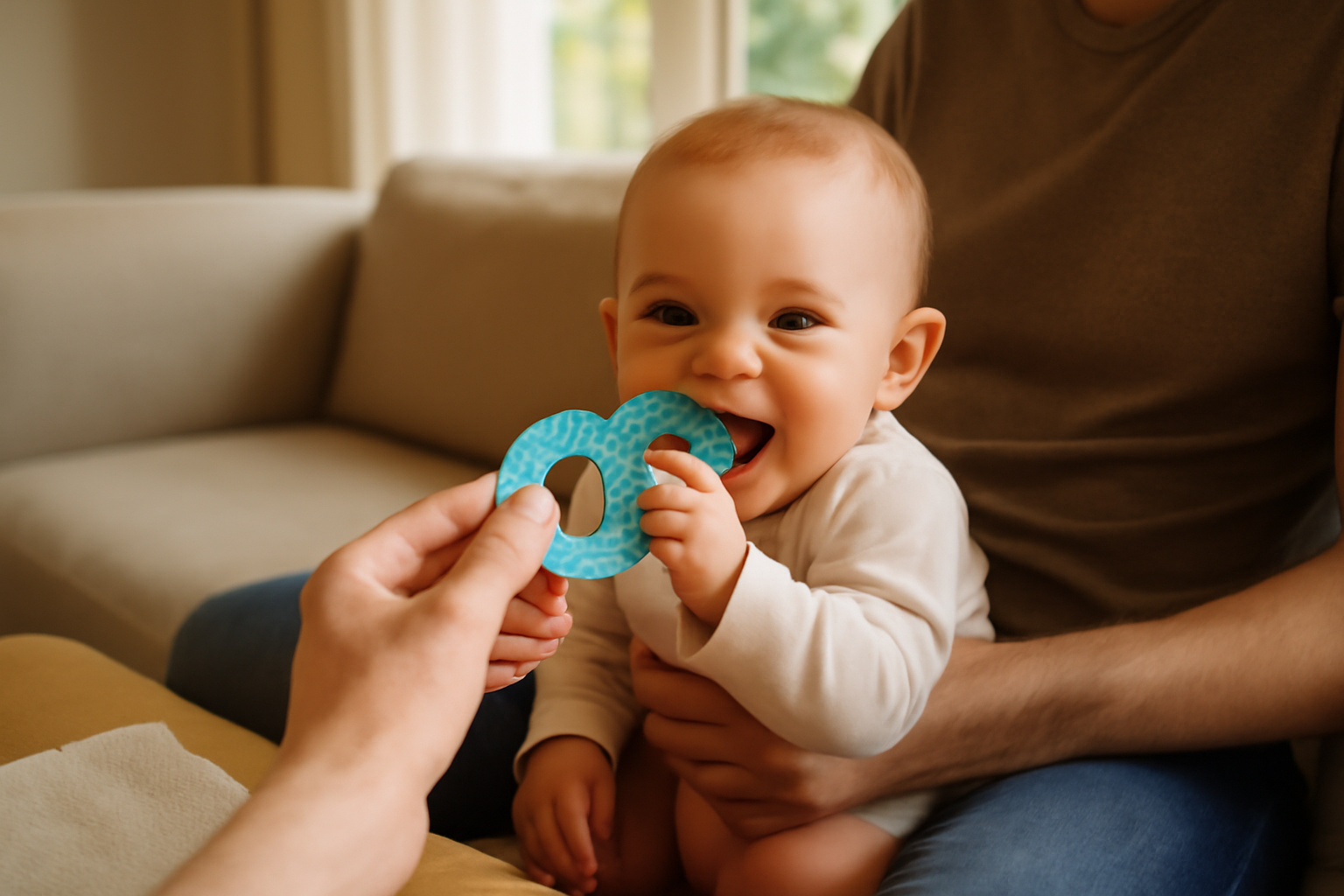 bébé qui fait ses dents, parent qui soulage bebe dent avec un anneau de dentition au salon