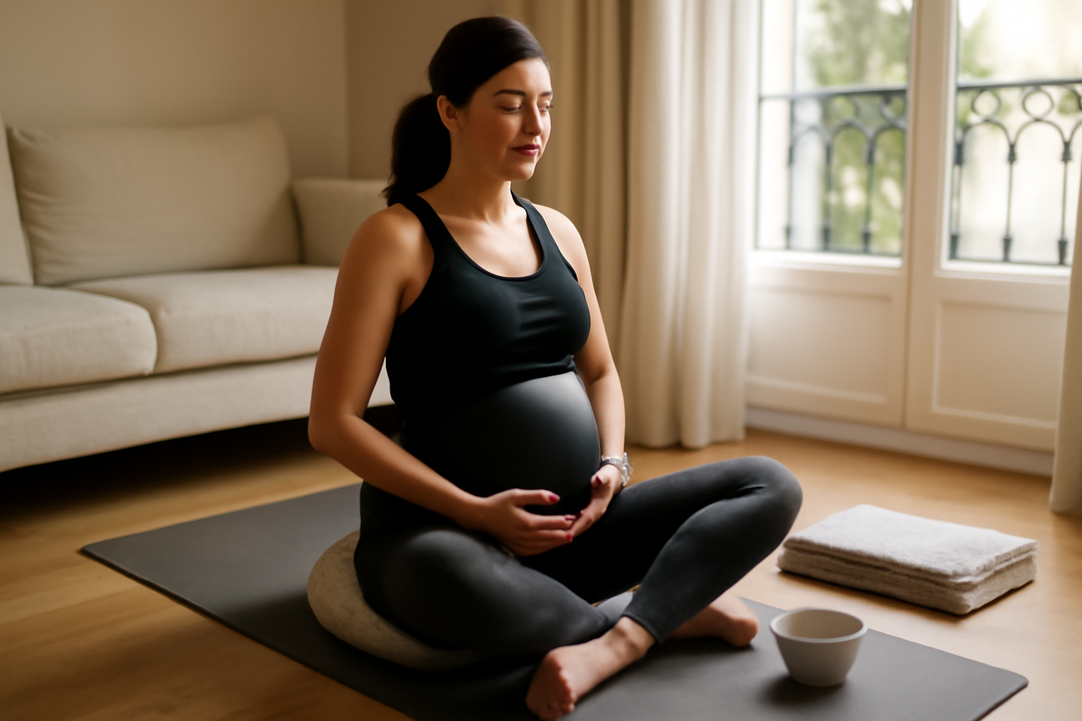 yoga et femme enceinte : pratique douce sur tapis en intérieur