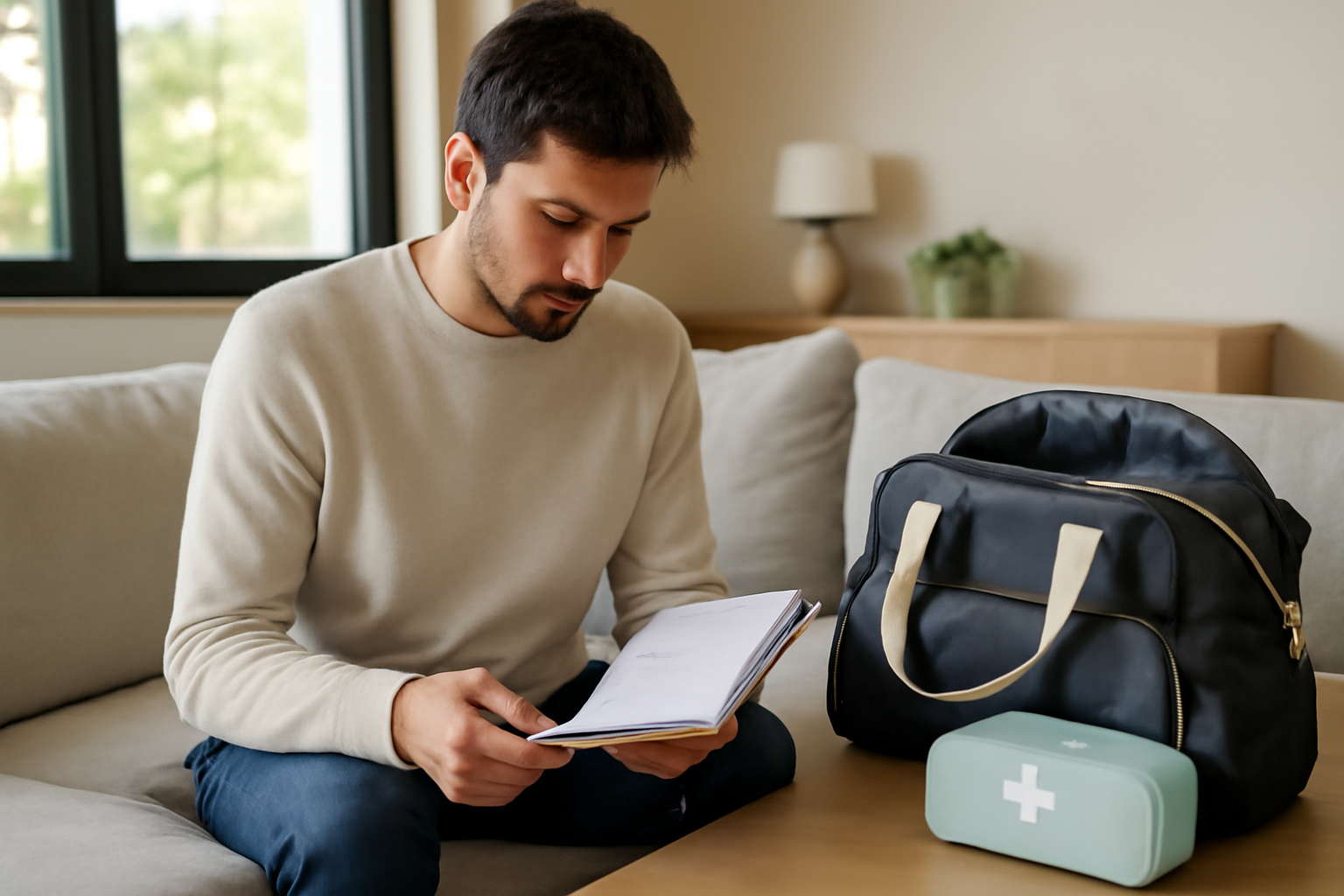 Cadeau utile pour futur papa : kit de préparation et carnet dans un salon lumineux