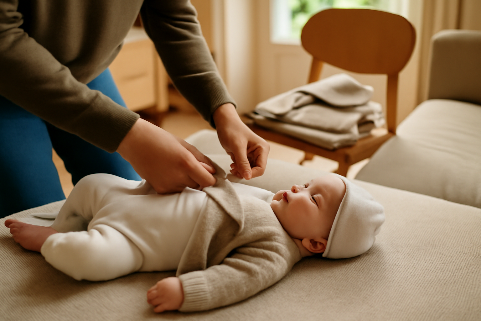 comment habiller bébé en hiver : parent habillant un nourrisson dans un salon lumineux