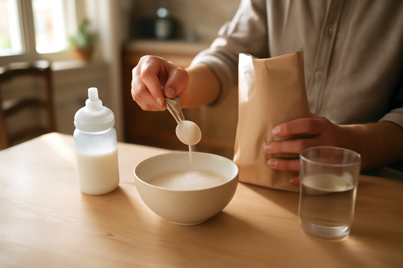 Farine pour bebe : biberon et bol de préparation sur table de cuisine, lumière naturelle