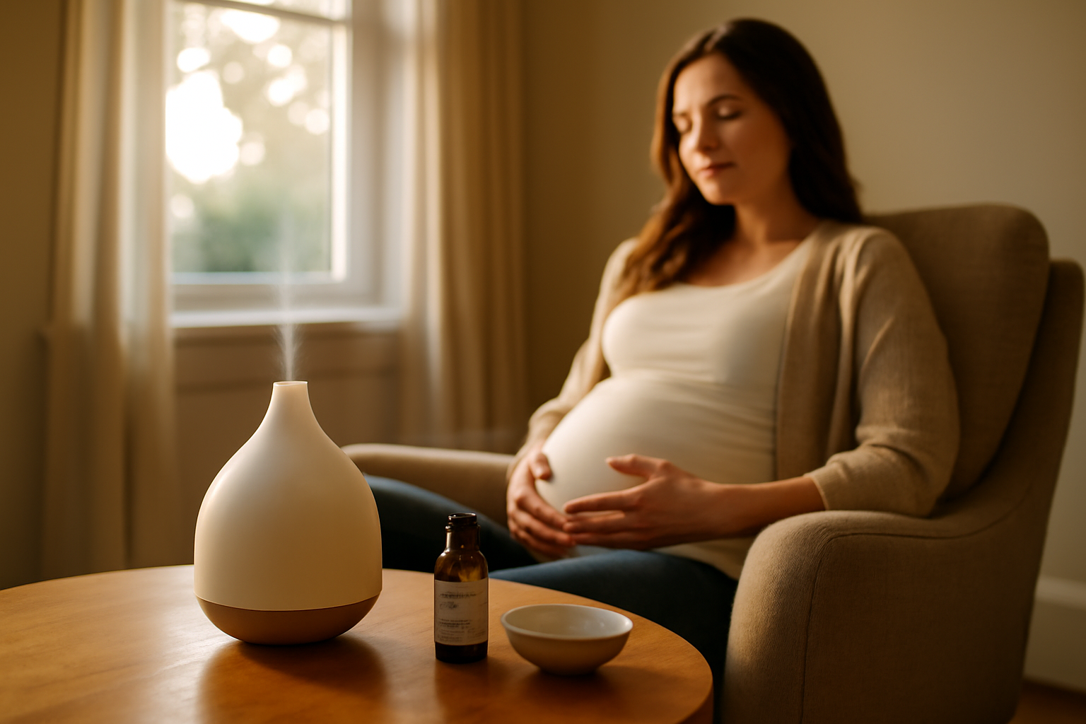 huile essentielle enceinte : flacon en verre et diffusion douce dans une chambre au calme