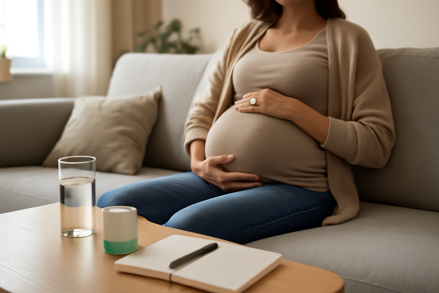 maalox enceinte : comprimés et verre d’eau près d’un bol de vitamines, grossesse à la maison, lumière naturelle