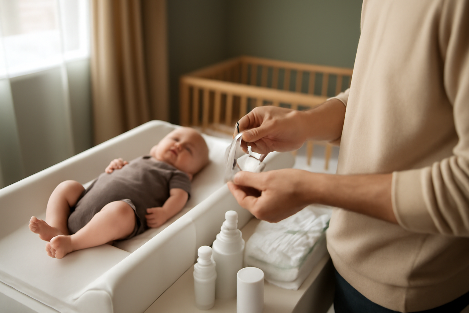 nourrisson température mesurée au thermomètre rectal sur table à langer, ambiance lumière douce