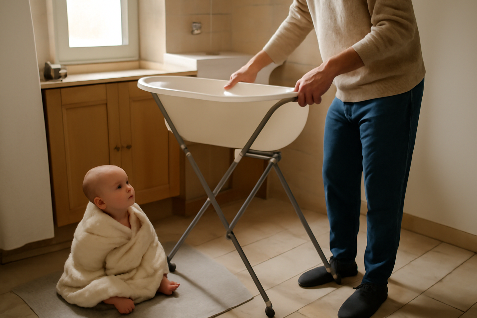support bebe baignoire sur table de toilette, bébé prêt pour le bain